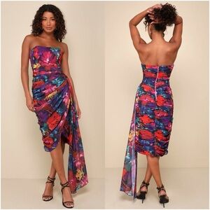 LULU'S Uncommon Aesthetic Black Floral Strapless Bodycon Midi Dress